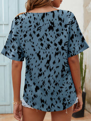 Printed Notched Neck Half Sleeve Blouse - Flyclothing LLC