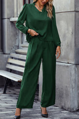 V-Neck Long Sleeve Top and Wide Leg Pants Set - Flyclothing LLC