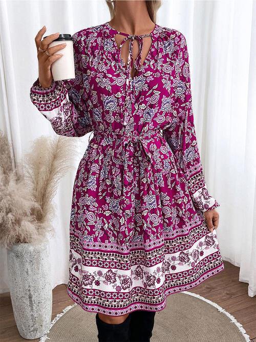 Floral Tie Neck Balloon Sleeve Dress - Flyclothing LLC