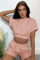 Short Sleeve Cropped Top and Drawstring Shorts Lounge Set - Flyclothing LLC