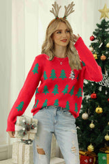 Christmas Tree Round Neck Ribbed Trim Sweater - Trendsi