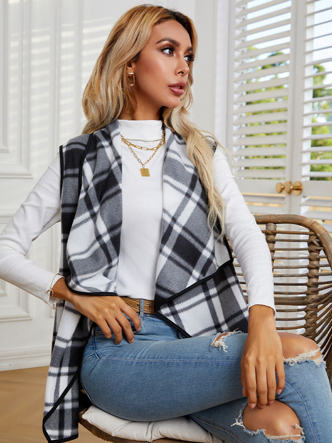 Plaid Open Front Vest - Flyclothing LLC