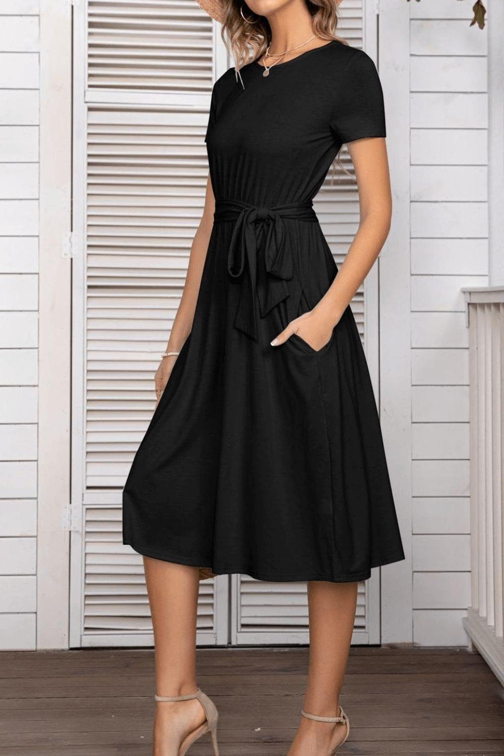 Belted Tee Dress With Pockets - Trendsi