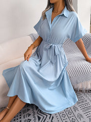 Short Sleeve Collared Tie Belt Dress - Flyclothing LLC