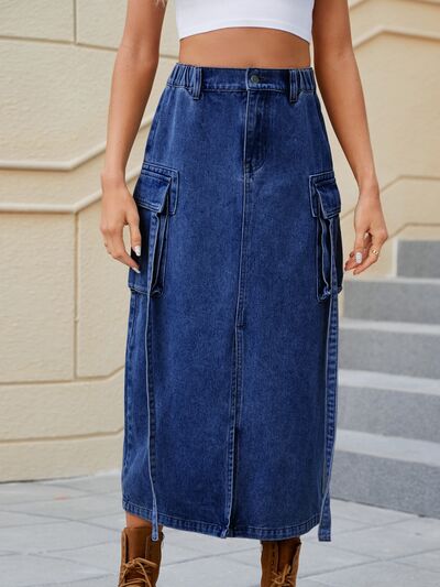 Slit Pocketed High Waist Denim Skirt - Flyclothing LLC