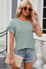 Eyelet Round Neck Petal Sleeve T-Shirt - Flyclothing LLC