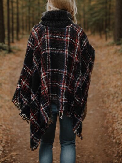 Turtleneck Plaid Raw Hem Sweater - Flyclothing LLC