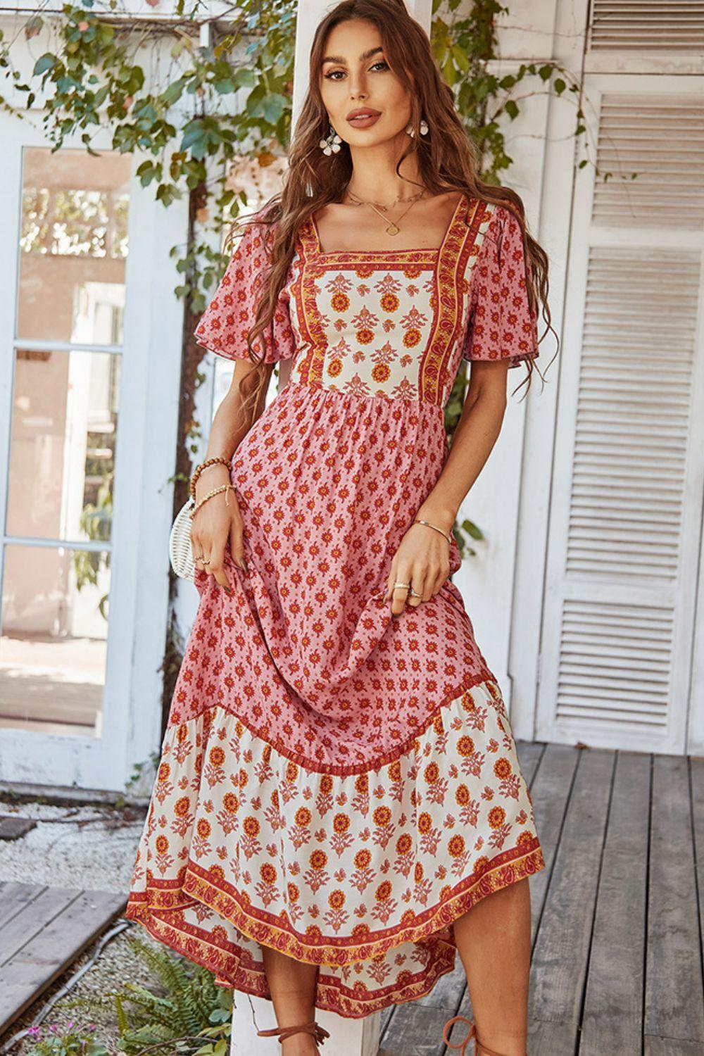 Bohemian Square Neck Flutter Sleeve Maxi Dress - Flyclothing LLC