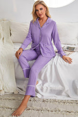 Contrast Lapel Collar Shirt and Pants Pajama Set with Pockets - Flyclothing LLC