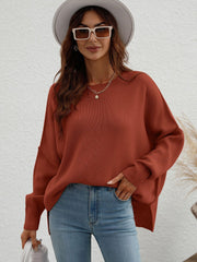 Exposed Seam Dropped Shoulder Slit Sweater - Trendsi