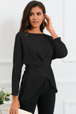 Boat Neck Back Tie Long Sleeve Satin Blouse - Flyclothing LLC