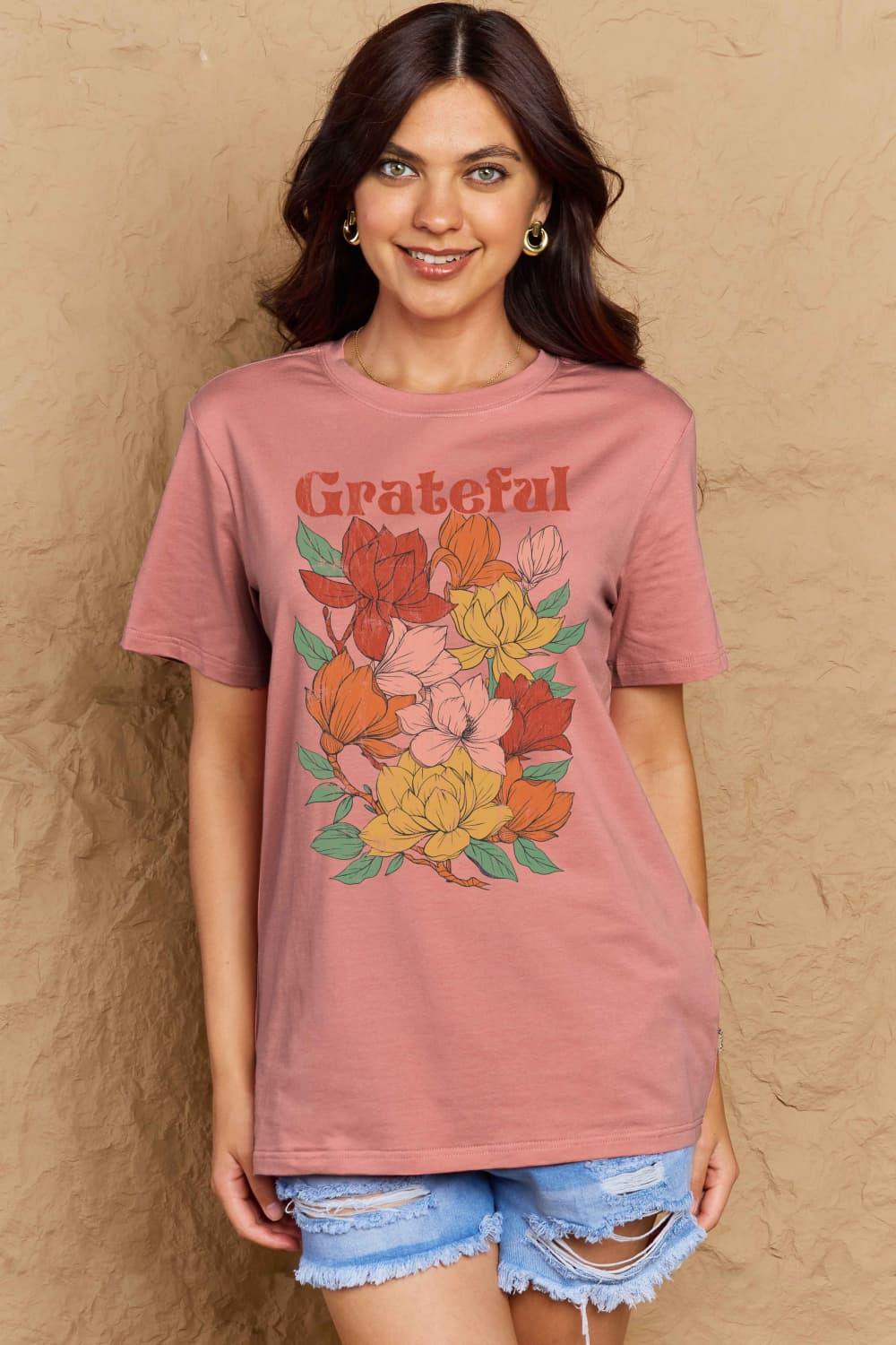 Simply Love Full Size GRATEFUL Flower Graphic Cotton T-Shirt - Flyclothing LLC