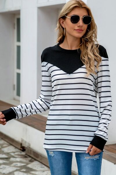 Striped Round Neck Long Sleeve T-Shirt - Flyclothing LLC