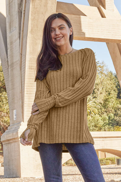 Basic Bae Full Size Ribbed Round Neck Long Sleeve Knit Top - Flyclothing LLC