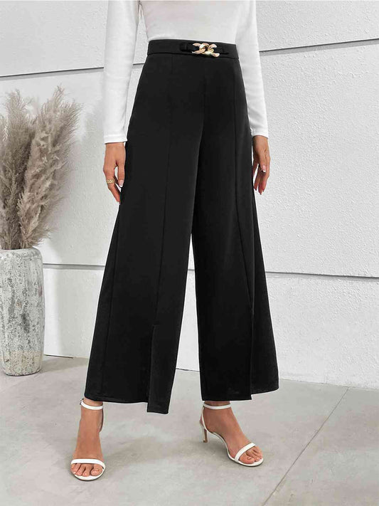 Chain Detail Slit Straight Pants - Flyclothing LLC