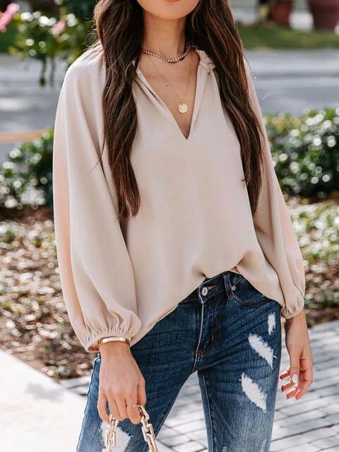 Notched Neck Long Sleeve Blouse - Trendsi