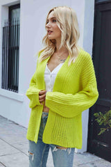 Rib-Knit Open Front Drop Shoulder Cardigan - Flyclothing LLC