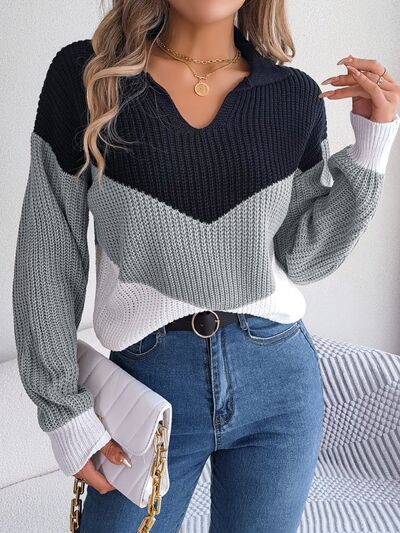 Color Block Dropped Shoulder Sweater - Flyclothing LLC