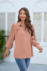 Puff Sleeve Collared Neck Shirt - Flyclothing LLC