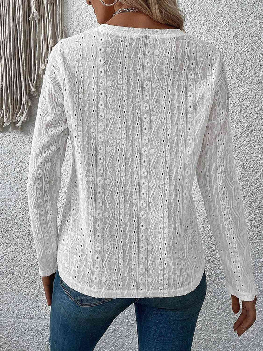 Eyelet Round Neck Long Sleeve Top - Flyclothing LLC