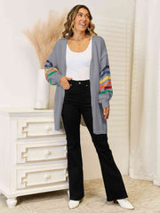 Striped Open Front Dropped Shoulder Cardigan - Flyclothing LLC