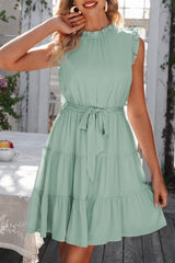 Ruffle Collar Tie Belt Tiered Dress - Flyclothing LLC