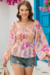 Floral Square Neck Smocked Blouse - Flyclothing LLC