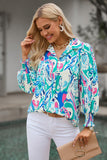 Printed Puff Sleeve Collared Blouse - Flyclothing LLC