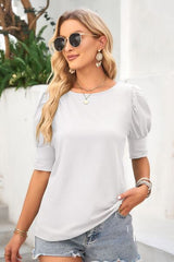 Round Neck Lantern Sleeve Blouse - Flyclothing LLC