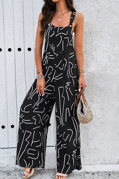 Printed Wide Strap Jumpsuit with Pockets - Flyclothing LLC