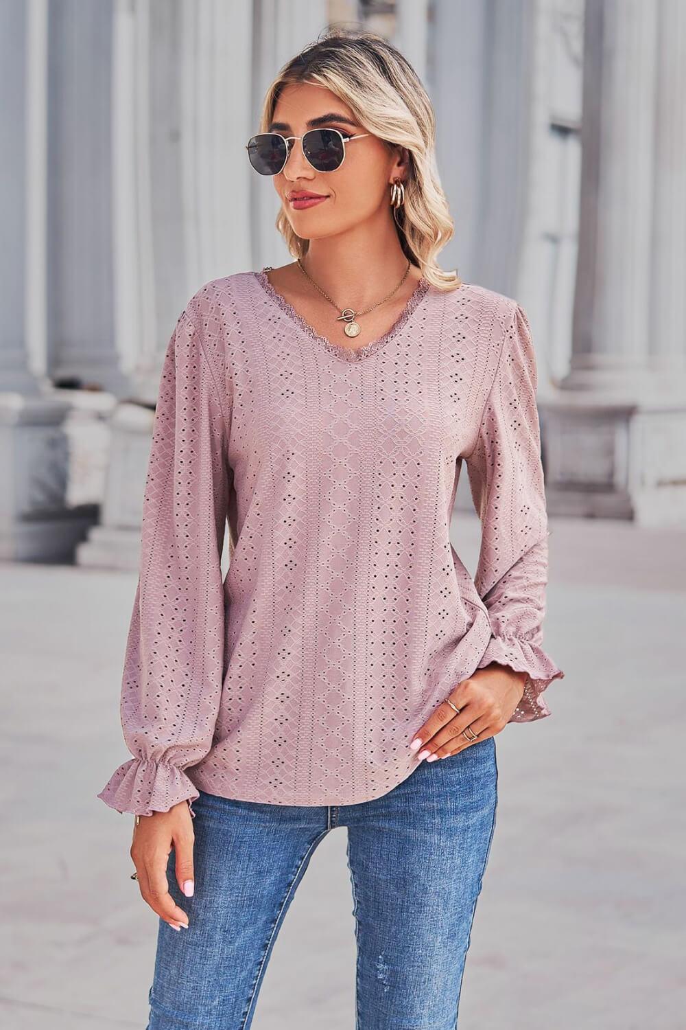 Lace Trim V-Neck Flounce Sleeve Top - Trendsi