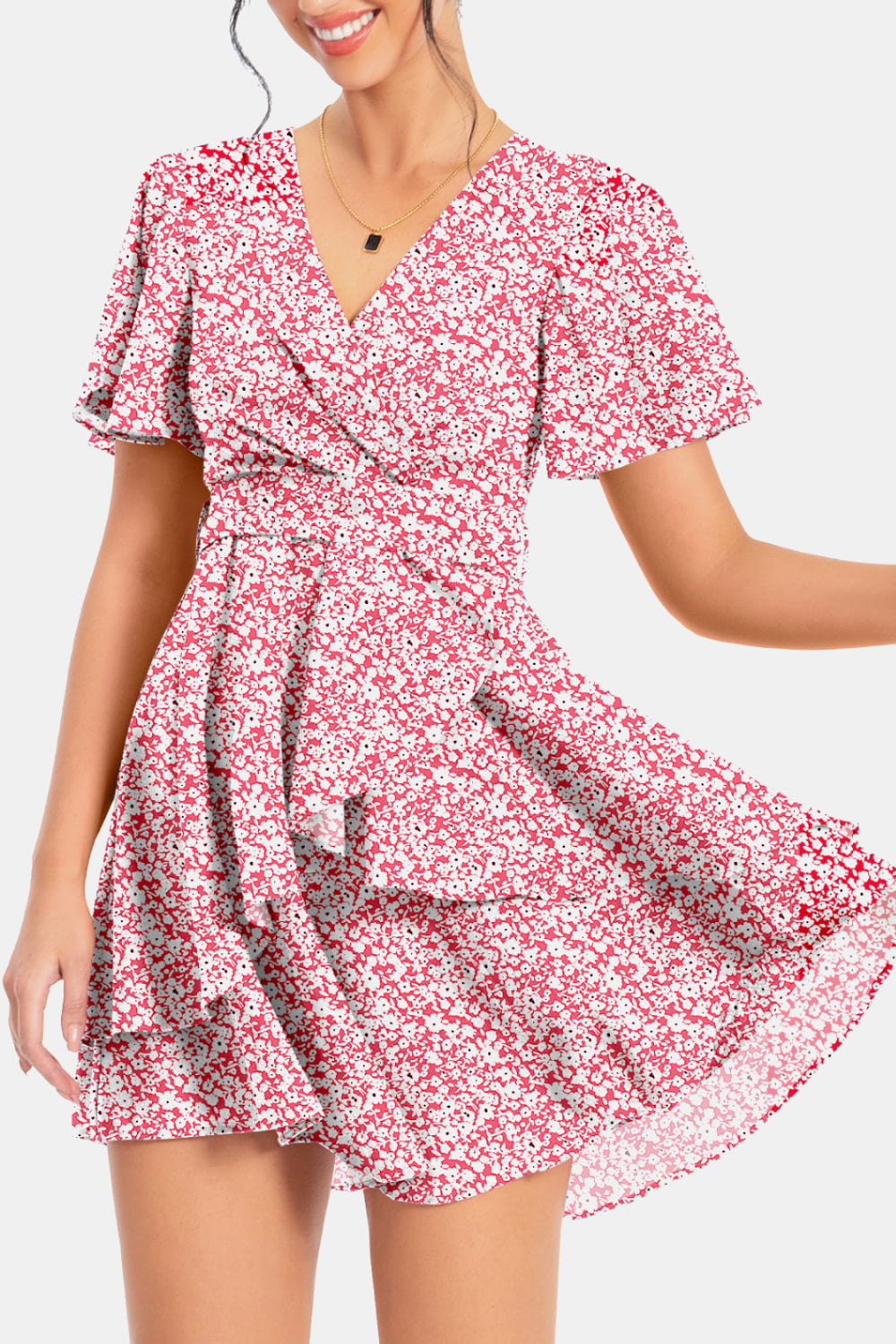 Surplice Neck Flutter Sleeve Dress - Flyclothing LLC