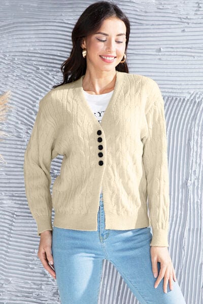 Cable-Knit Button Up Dropped Shoulder Cardigan - Trendsi