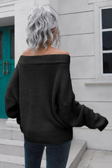 Off-Shoulder Ribbed Long Sleeve Pullover Sweater - Trendsi