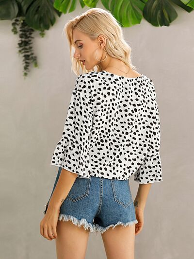 Tied Printed Button Up V-Neck Blouse - Flyclothing LLC