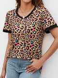 Leopard Round Neck Short Sleeve Tee Shirt - Trendsi