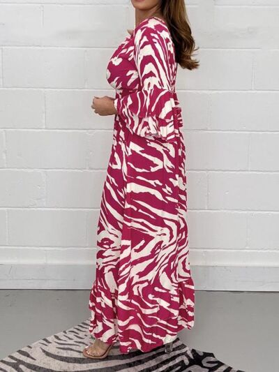 Smocked Printed Flounce Sleeve Maxi Dress - Flyclothing LLC