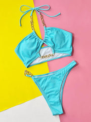 Halter Neck Chain Detail Two-Piece Bikini Set - Flyclothing LLC