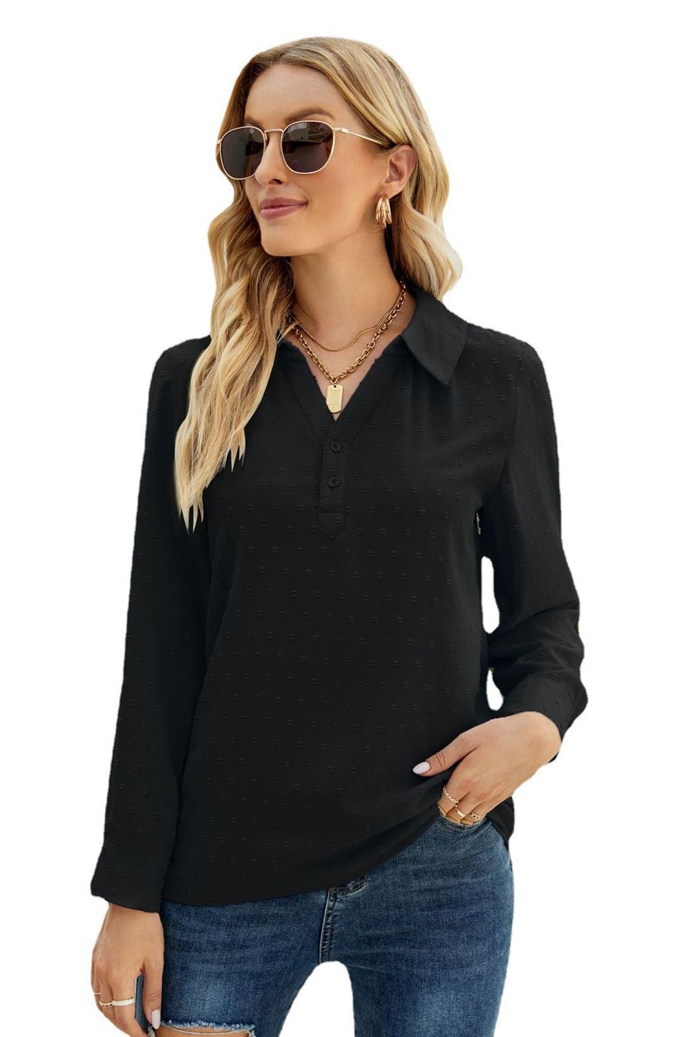 Swiss Dot Johnny Collar Blouse - Flyclothing LLC