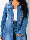 Long Sleeve Raw Hem Denim Jacket - Flyclothing LLC