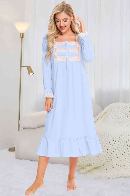 Lace Detail Square Neck Flounce Sleeve Night Dress - Flyclothing LLC