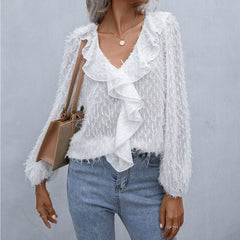 Ruffle Hem Fringe V-Neck Balloon Sleeve Blouse - Flyclothing LLC