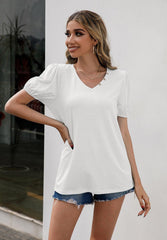 V-Neck Decorative Buttons Puff Sleeve Tee - Flyclothing LLC