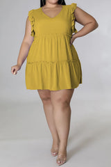 Plus Size V-Neck Frill Trim Mini Dress - Flyclothing LLC