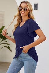 Smocked Round Neck Flutter Sleeve T-Shirt - Flyclothing LLC