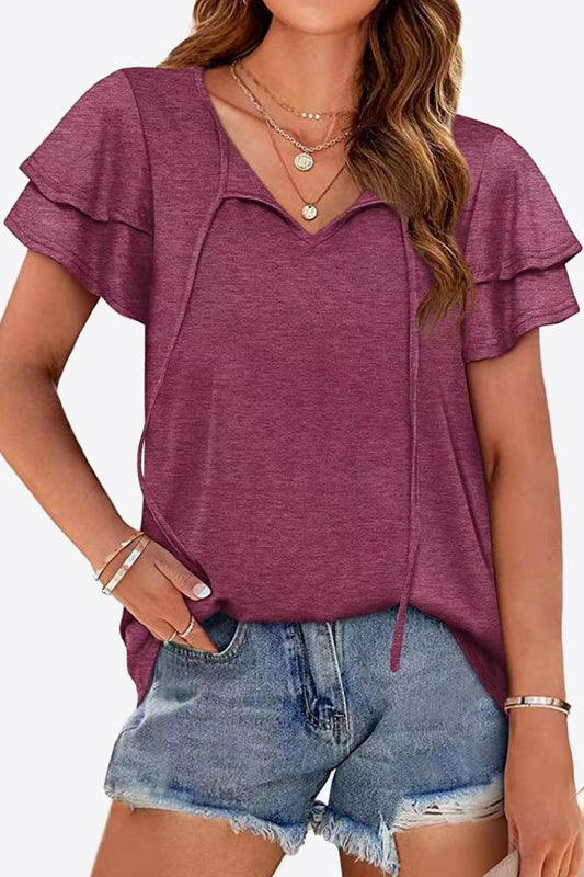 Tie-Neck Layered Flutter Sleeve Blouse - Flyclothing LLC