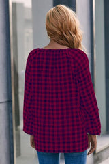 Plaid Tie Neck Balloon Sleeve Blouse - Flyclothing LLC