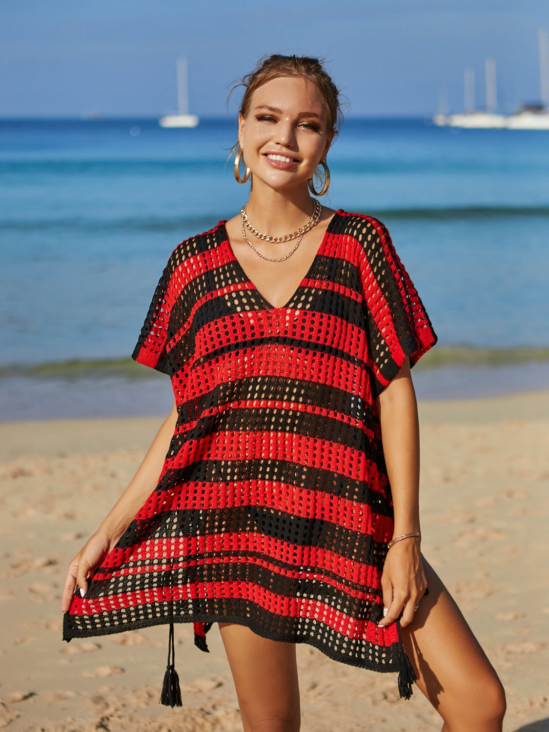 Tassel Openwork Striped V-Neck Cover Up - Flyclothing LLC