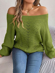 Openwork Off-Shoulder Long Sleeve Sweater - Flyclothing LLC