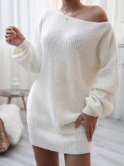 Rib-Knit Balloon Sleeve Boat Neck Sweater Dress - Flyclothing LLC